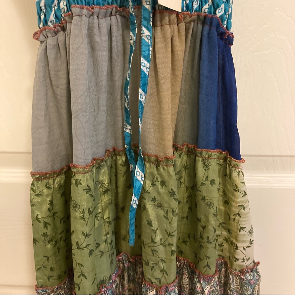 Sans Souci 100% Silk Multitexture Ruffle Boho Patchwork Maxi Dress Size M - Picture 4 of 14
